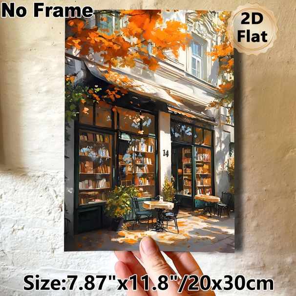 Autumn Bookstore Painting Poster, Warm-toned Impressionist-style Poster, Sunlit Street Bookstore With Orange Fall Foliage, Cozy Tranquil Decor Ideal_maomaolike.com