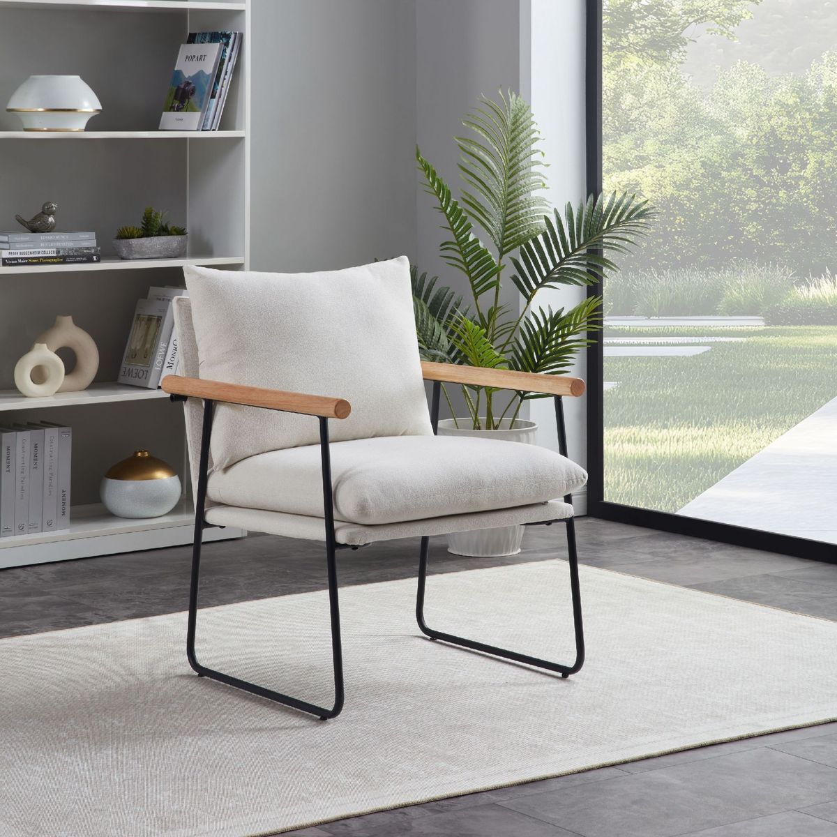 Modern Accent Chair, Comfy Chair With Removable Cushion, Vanity Chair With Wood Armrests For Living Room, Bedroom, White_maomaolike.com