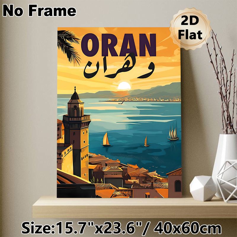 Oran Coastal City Sunset Painting Poster, Vibrant Retro-style Warm Sunset Over Coastal Town With Sailboats Poster, Nostalgic Travel Vibe Decor For_maomaolike.com
