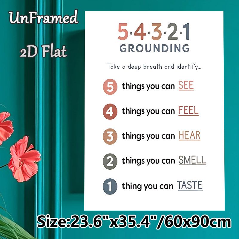 5-4-3-2-1 Grounding Painting Poster, Minimalist Neutral-toned Typographic Poster, Practical Emotional Regulation Guide Suitable For Office, Therapy_maomaolike.com