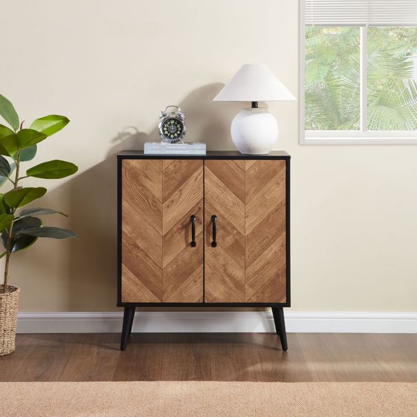 Accent Cabinet With Adjustable Shelf, Kitchen Storage Cabinet With Herringbone Design, Black Sideboard For Living Room, Kitchen, Entryway_maomaolike.com
