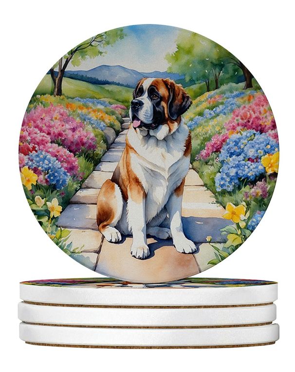 Saint Bernard Spring Path Large Sandstone Coasters Pack Of 4 Absorbent Round Coasters Decor Gifts For Men Or Women, 4 In, Multicolor_maomaolike.com