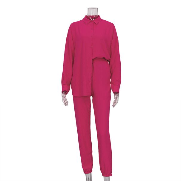 Women's Clothing new casual suit solid color lapel long-sleeved shirt top harem pants two-piece suit_maomaolike.com