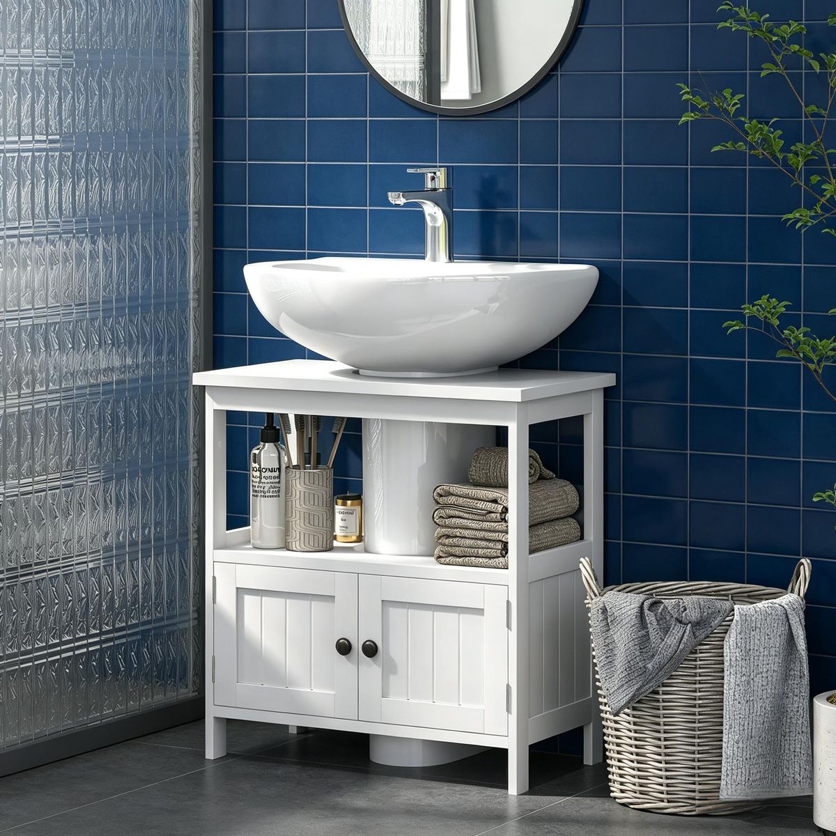 Pedestal Sink Storage Cabinet, Bathroom Under Sink Cabinet With 2 Doors And Open Shelf_maomaolike.com