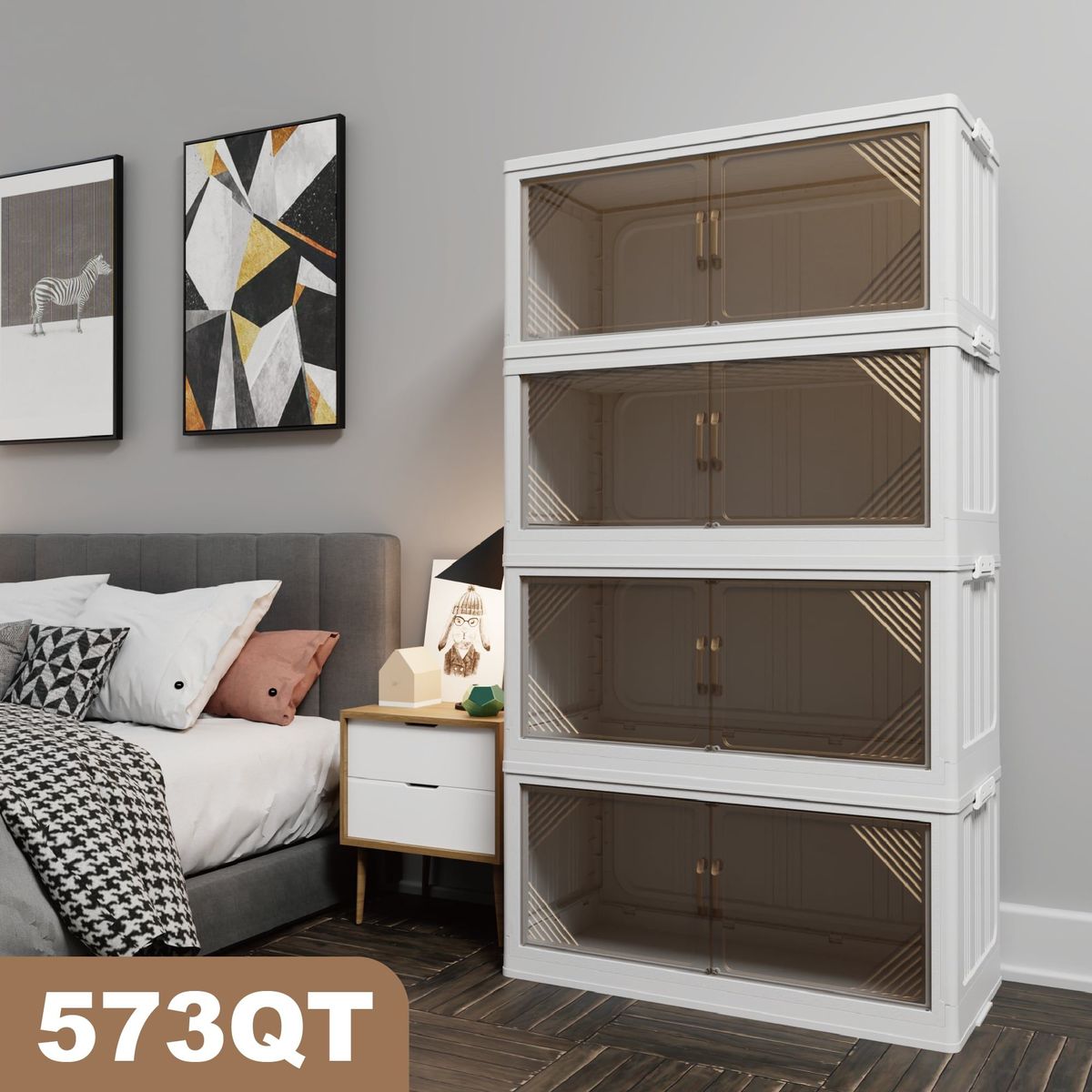573QT 4-Pack 35.4'' Wide Transparent Plastic Storage Cabinets For Closet Organizers And Storage, Folding Storage Box, Stackable Storage Bins With Open Front Door_maomaolike.com