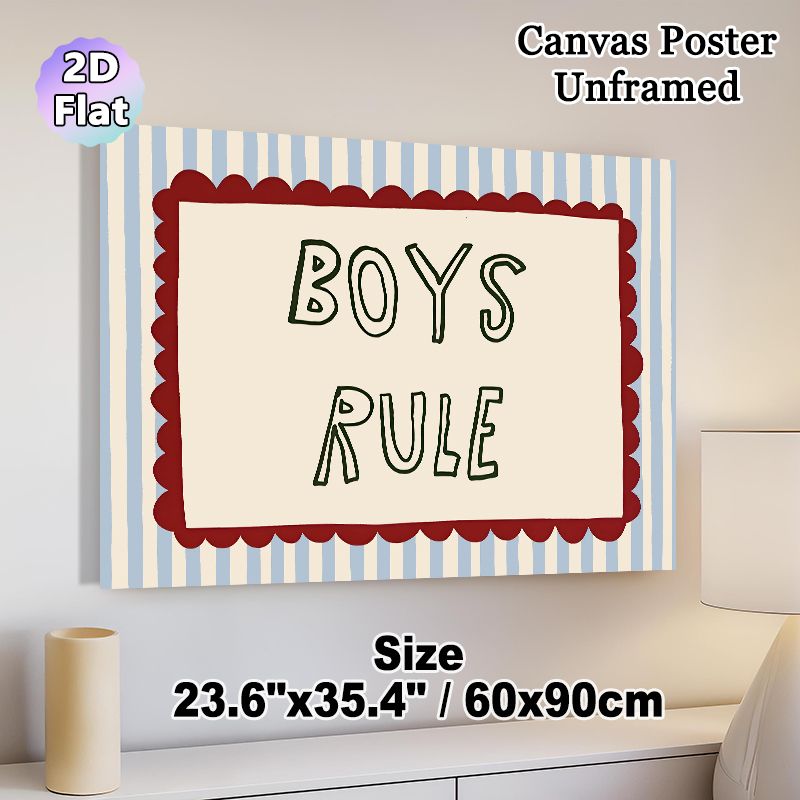 Boys Rule Typography Painting Poster, Retro Hand-drawn Style Poster, Playful Bold Text With Striped Background & Scalloped Border, Ideal For Bedroom_maomaolike.com