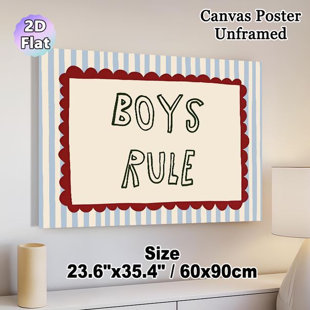 Boys Rule Typography Painting Poster, Retro Hand-drawn Style Poster, Playful Bold Text With Striped Background & Scalloped Border, Ideal For Bedroom_maomaolike.com