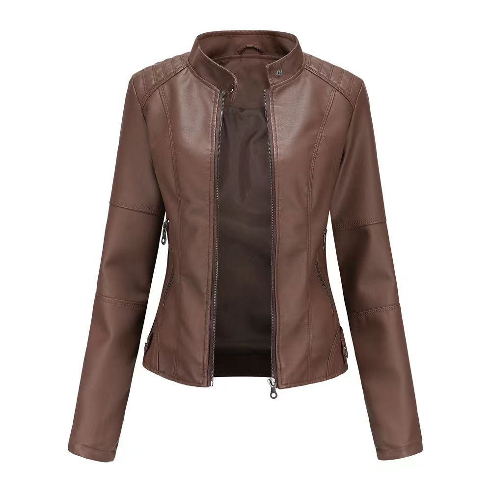 Women's Clothing slim motorcycle thin spring and autumn large size stand collar leather jackets_maomaolike.com