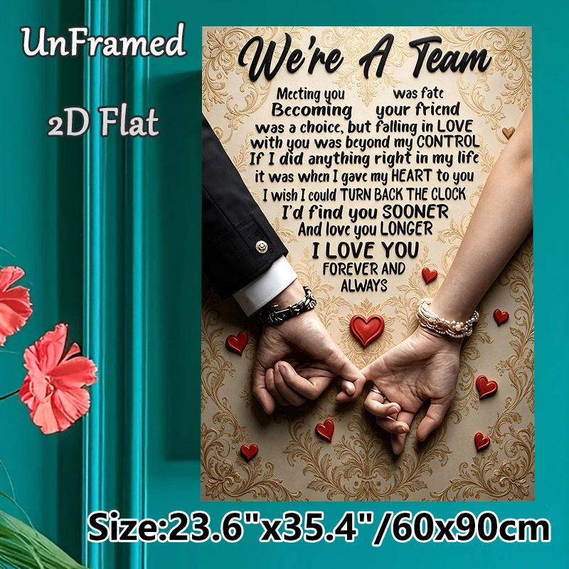 "We're A Team" Romantic Love Quote Painting Poster, Vintage Ornate Patterned Poster With Sweet Couple Hand-holding, Warm Heartfelt Message, Ideal For_maomaolike.com