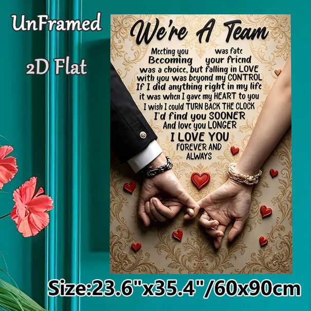 "We're A Team" Romantic Love Quote Painting Poster, Vintage Ornate Patterned Poster With Sweet Couple Hand-holding, Warm Heartfelt Message, Ideal For_maomaolike.com