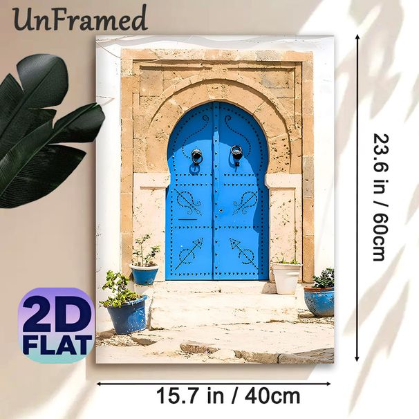 Moroccan Blue Door Painting Poster, Vintage Bohemian Ethnic Style Poster, Exotic Architectural Charm Ideal For Living Room, Hallway, Bohemian-inspired_maomaolike.com