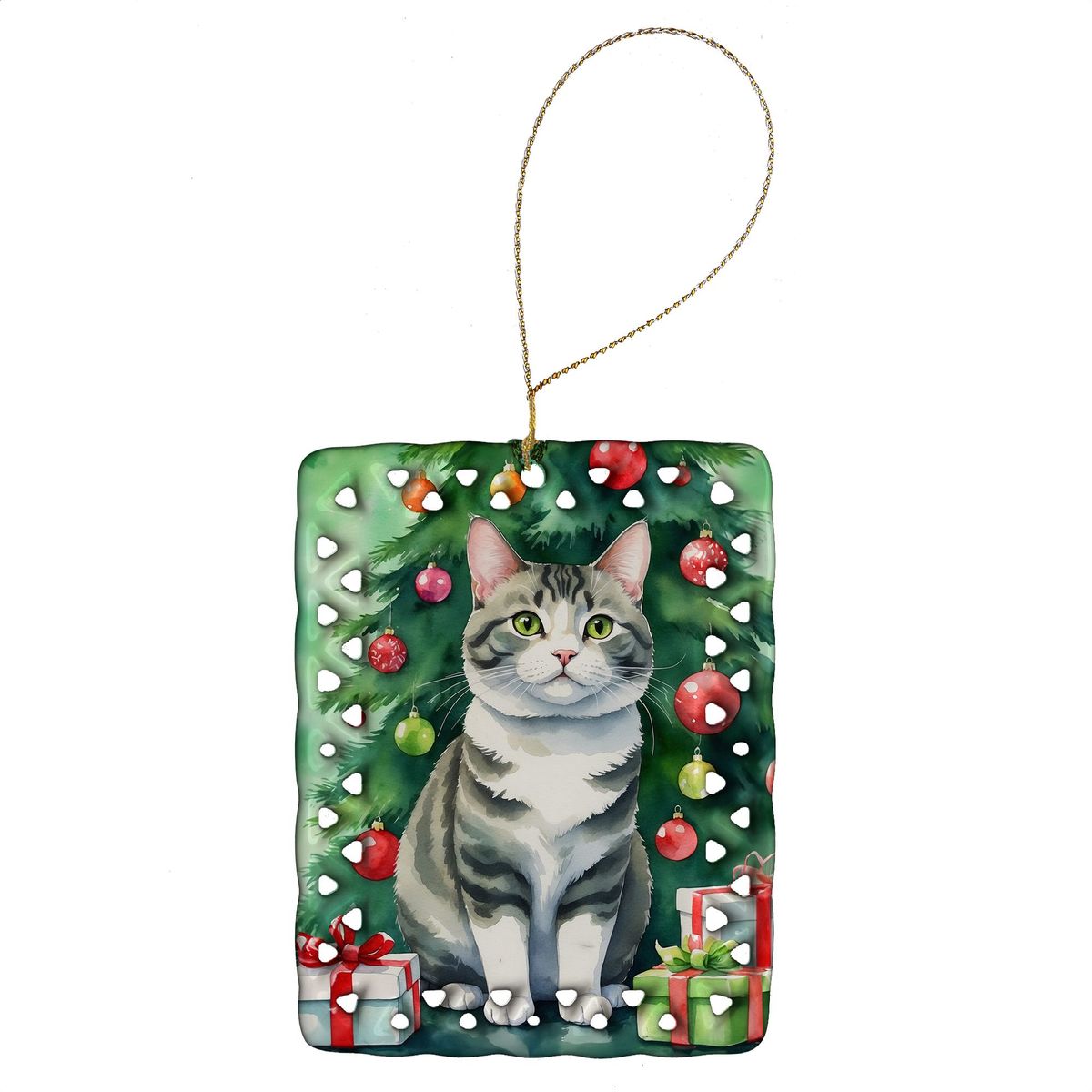 Korean Bobtail Cat By The Christmas Tree Porcelain Ornament Christmas Tree Hanging Decorations For Home Christmas Holiday, Rectangle, Gift, Multicolor_maomaolike.com