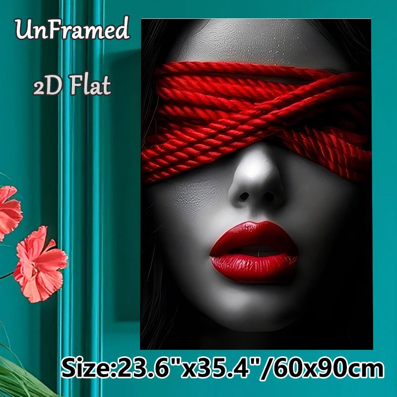 Red Accented Blindfolded Portrait Painting Poster, Monochrome With Bold Red Accents Artistic Poster, Striking Visual Contrast Ideal For Living Room_maomaolike.com