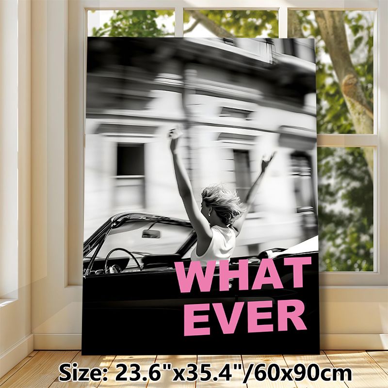 Free-spirited Woman In Convertible Painting Poster, Monochrome Dynamic Urban Scene With Bold Pink "WHATEVER" Text Poster, Trendy Carefree Vibe Ideal_maomaolike.com