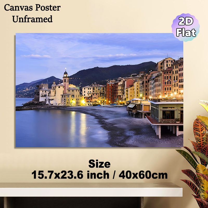 Coastal Town Painting Poster, Serene Warm-lit Mediterranean Seaside Town Scene Poster, Tranquil Waterfront View Brings Cozy Ambiance, Ideal For Living_maomaolike.com