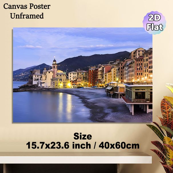 Coastal Town Painting Poster, Serene Warm-lit Mediterranean Seaside Town Scene Poster, Tranquil Waterfront View Brings Cozy Ambiance, Ideal For Living_maomaolike.com
