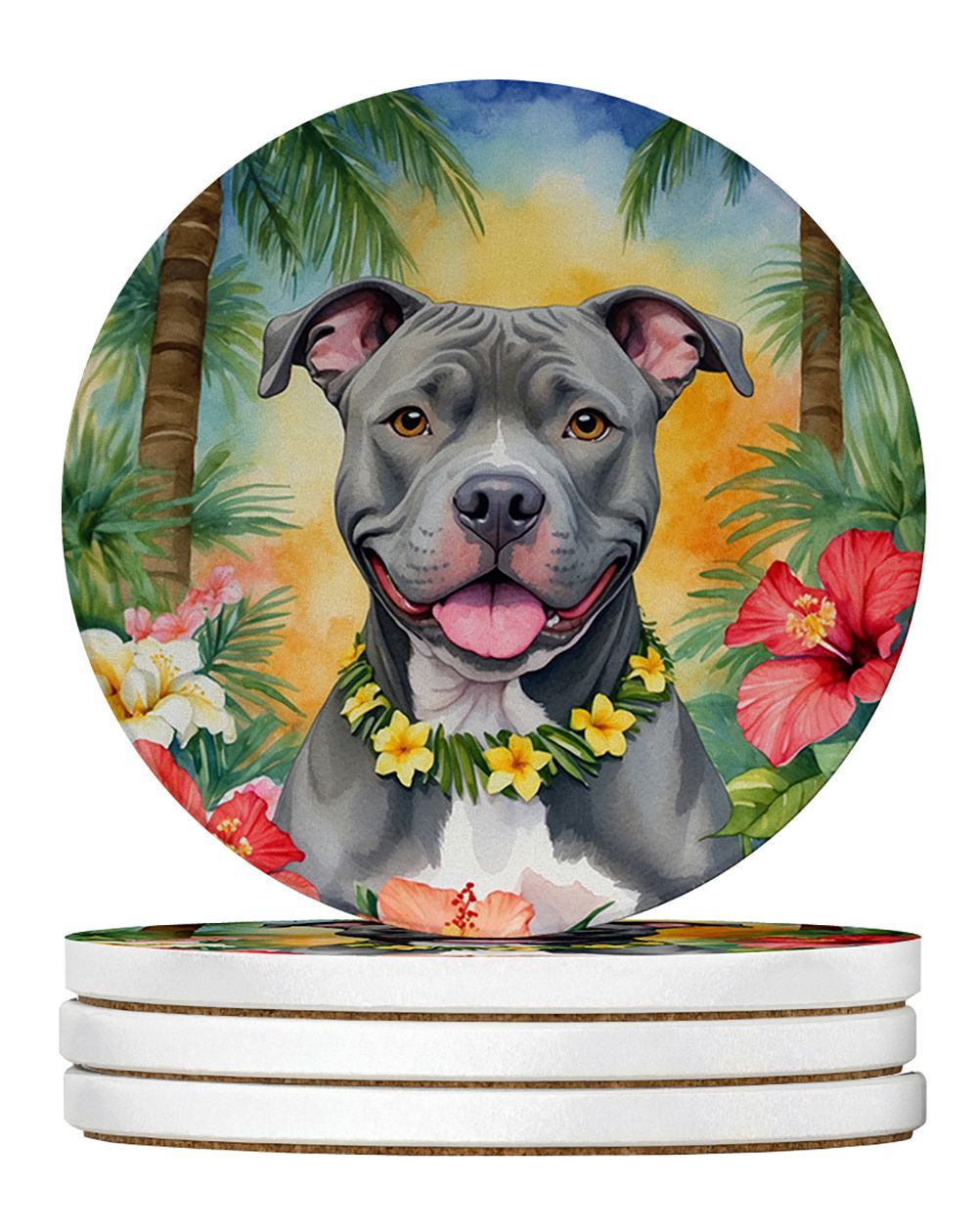 Pit Bull Terrier Luau Large Sandstone Coasters Pack Of 4 Absorbent Round Coasters Decor Gifts For Men Or Women, 4 In, Multicolor_maomaolike.com