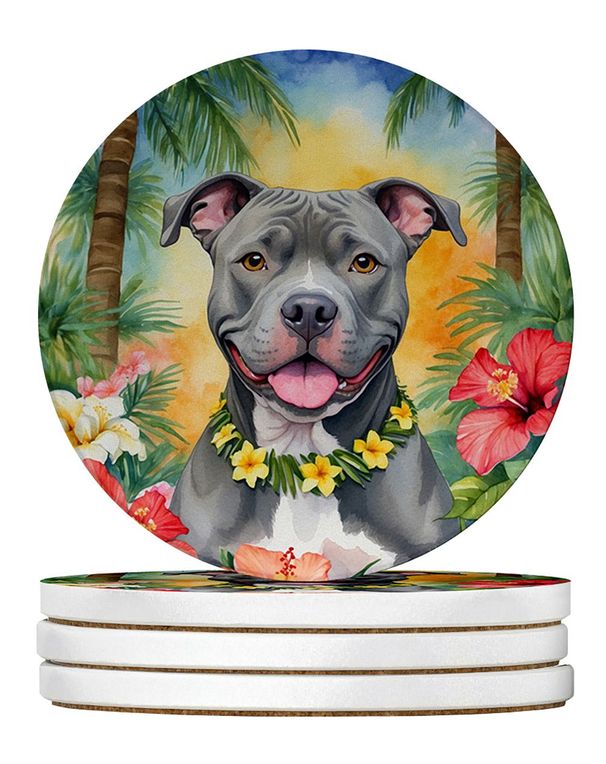 Pit Bull Terrier Luau Large Sandstone Coasters Pack Of 4 Absorbent Round Coasters Decor Gifts For Men Or Women, 4 In, Multicolor_maomaolike.com