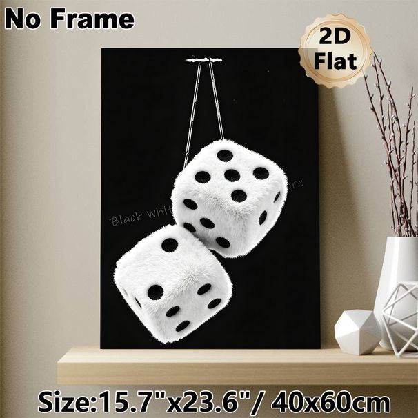 Fuzzy Dice Painting Poster, Monochrome Retro Hanging Fluffy Dice Poster, Nostalgic Stylish Decor Ideal For Home, Game Room, Garage_maomaolike.com