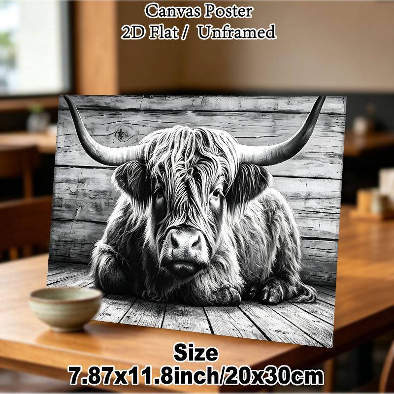Highland Cow Painting Poster, Monochrome Realistic Animal Portrait Poster, Detailed Textured Depiction Ideal For Farmhouse And Living Room Wall Decor_maomaolike.com