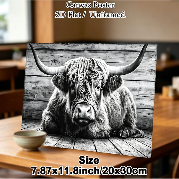 Highland Cow Painting Poster, Monochrome Realistic Animal Portrait Poster, Detailed Textured Depiction Ideal For Farmhouse And Living Room Wall Decor_maomaolike.com