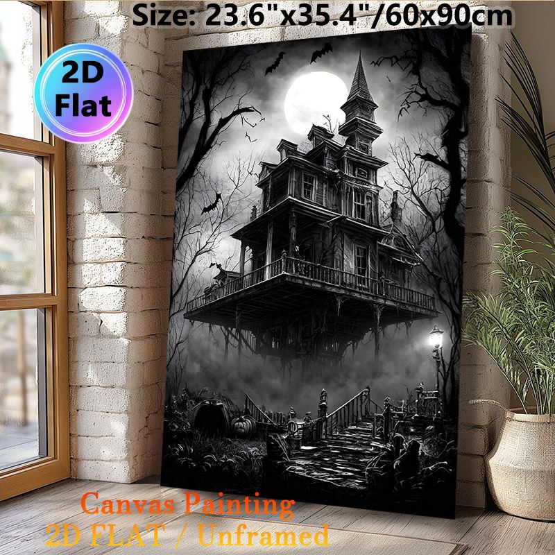 Haunted House Themed Painting Poster, Monochrome Gothic Spooky Scene Poster, Eerie Atmospheric Decor Ideal For Home And Halloween Party Spaces_maomaolike.com