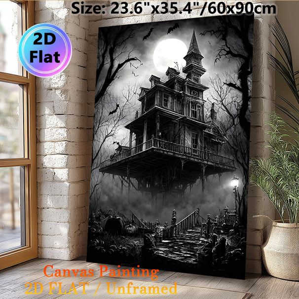 Haunted House Themed Painting Poster, Monochrome Gothic Spooky Scene Poster, Eerie Atmospheric Decor Ideal For Home And Halloween Party Spaces_maomaolike.com