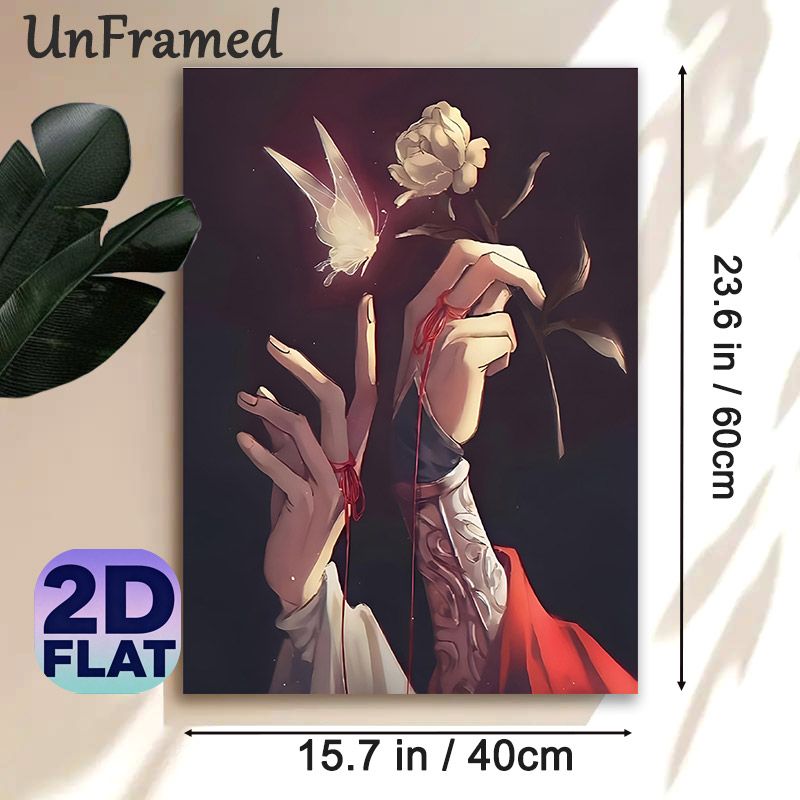 Red String & Butterfly Themed Painting Poster, Mysterious Fantasy Style Poster, Elegant Poetic Design Ideal For Bedroom And Living Room Wall Decor_maomaolike.com