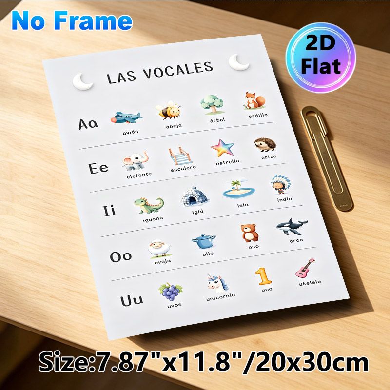Spanish Vowel Learning Painting Poster, Cute Cartoon Illustrated Educational Poster, Assists With Spanish Vowel Learning, Suitable For Study Rooms And_maomaolike.com