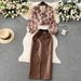 Women's Clothing Hong Kong style chic suit collar floral chiffon shirt high waist tight PU leather skirt female high end outfit two piece suit_maomaolike.com