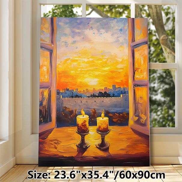 Candle & Sunset Cityscape Painting Poster, Rich Impasto Oil-style Poster, Warm Glowing Candles With Sunset City View Through Window, Creates Cozy_maomaolike.com