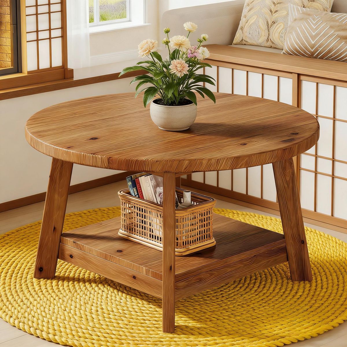 Round Coffee Table, 2-Tier Solid Wood Center Cocktail Accent Table_maomaolike.com