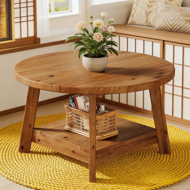 Round Coffee Table, 2-Tier Solid Wood Center Cocktail Accent Table_maomaolike.com