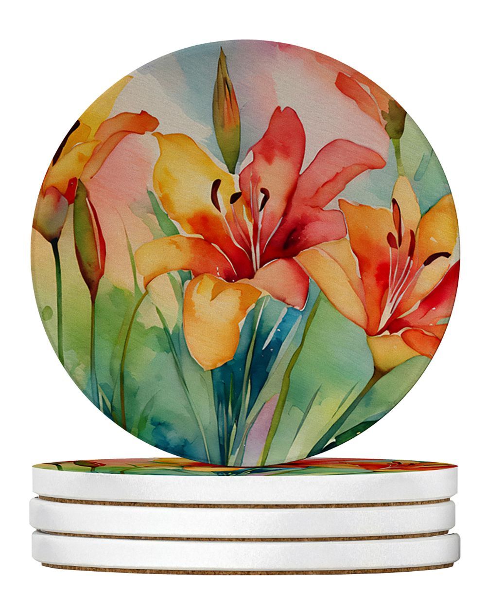 Lilies In Watercolor Large Sandstone Coasters Pack Of 4 Absorbent Round Coasters Decor Gifts For Men Or Women, 4 In, Multicolor_maomaolike.com