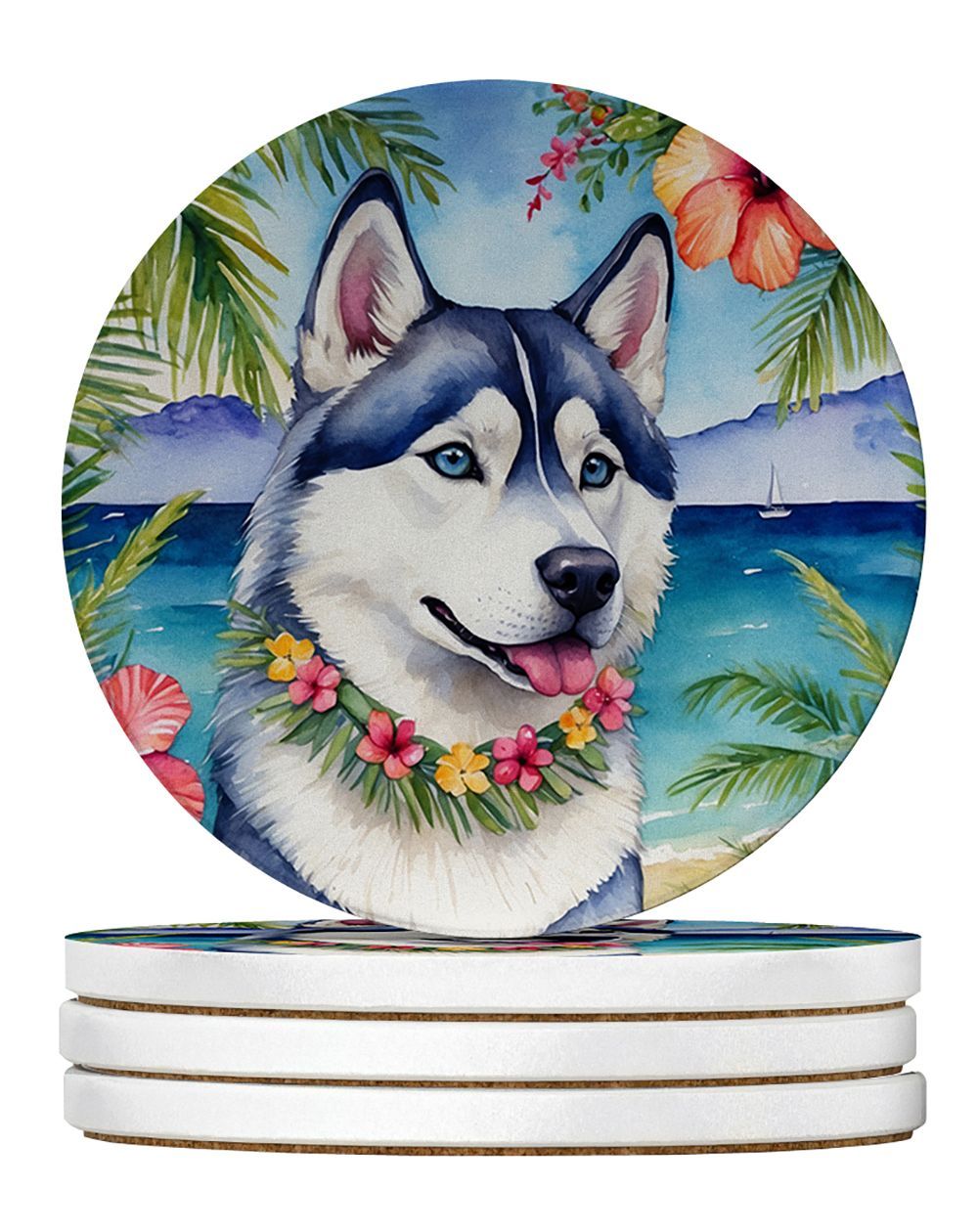 Siberian Husky Luau Large Sandstone Coasters Pack Of 4 Absorbent Round Coasters Decor Gifts For Men Or Women, 4 In, Multicolor_maomaolike.com