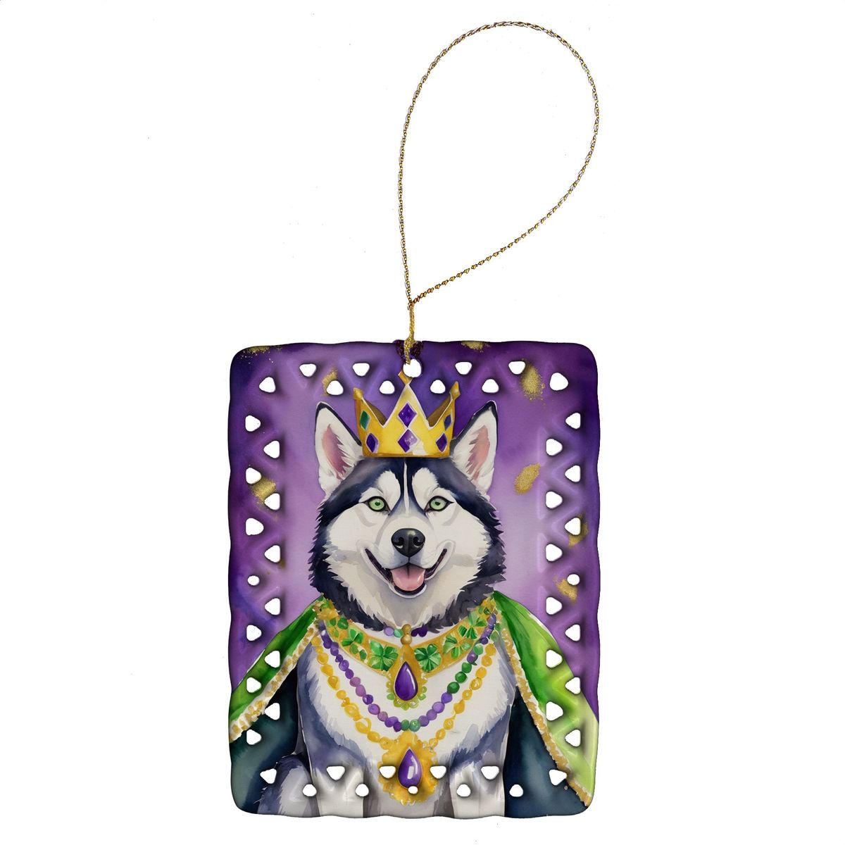 Siberian Husky King Of Mardi Gras Porcelain Ornament Christmas Tree Hanging Decorations For Home Christmas Holiday, Rectangle, Gift, Multicolor_maomaolike.com