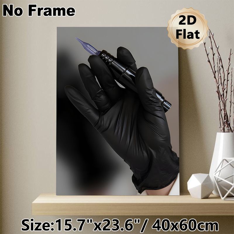 Tattoo Machine Themed Painting Poster, Moody Dark-toned Gloved Hand Holding Tattoo Tool Poster, Stylish Artistic Decor Ideal For Tattoo Studio And_maomaolike.com