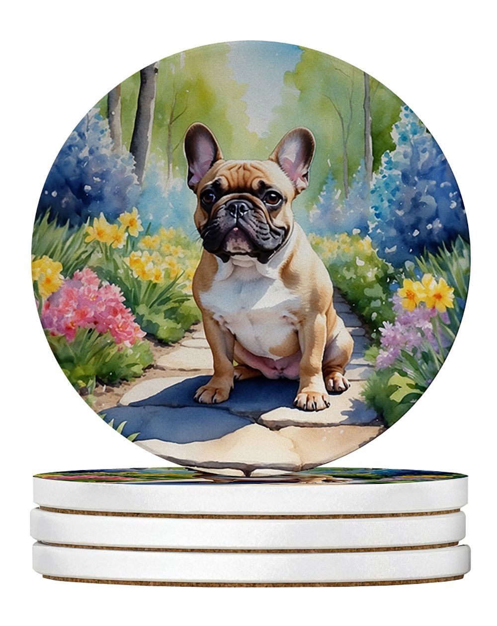 French Bulldog Spring Path Large Sandstone Coasters Pack Of 4 Absorbent Round Coasters Decor Gifts For Men Or Women, 4 In, Multicolor_maomaolike.com