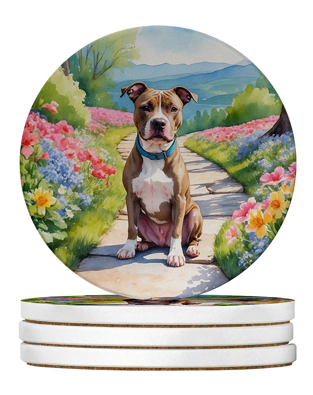 Pit Bull Terrier Spring Path Large Sandstone Coasters Pack Of 4 Absorbent Round Coasters Decor Gifts For Men Or Women, 4 In, Multicolor_maomaolike.com