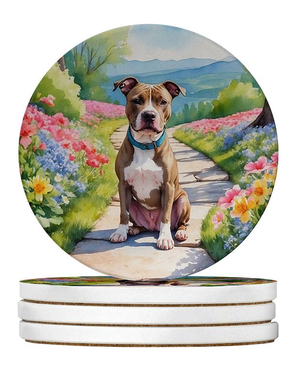 Pit Bull Terrier Spring Path Large Sandstone Coasters Pack Of 4 Absorbent Round Coasters Decor Gifts For Men Or Women, 4 In, Multicolor_maomaolike.com