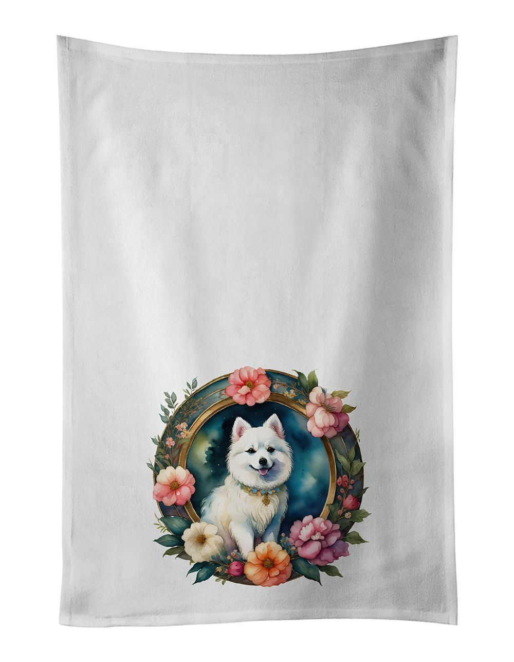 Japanese Spitz And Flowers Kitchen Towel Set Of 2 White Dish Towels Decorative Bathroom Hand Towel For Hand, Face, Hair, Yoga, Tea, Dishcloth, 19 X 28", White_maomaolike.com