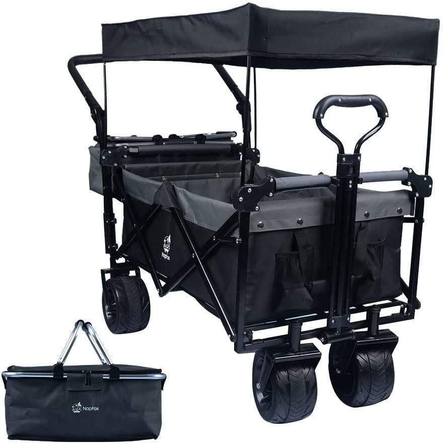 Collapsible Wagon Heavy Duty Folding Wagon Cart With Removable Canopy, 4" Wide Large All Terrain Wheels, Brake, Adjustable Handles,Cooler Bag Utility Carts For Outdoor Garden Beach_maomaolike.com