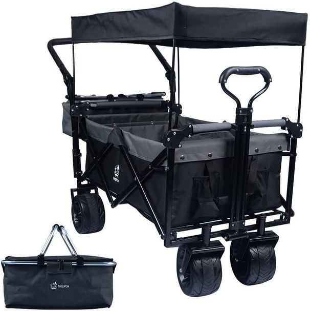 Collapsible Wagon Heavy Duty Folding Wagon Cart With Removable Canopy, 4" Wide Large All Terrain Wheels, Brake, Adjustable Handles,Cooler Bag Utility Carts For Outdoor Garden Beach_maomaolike.com