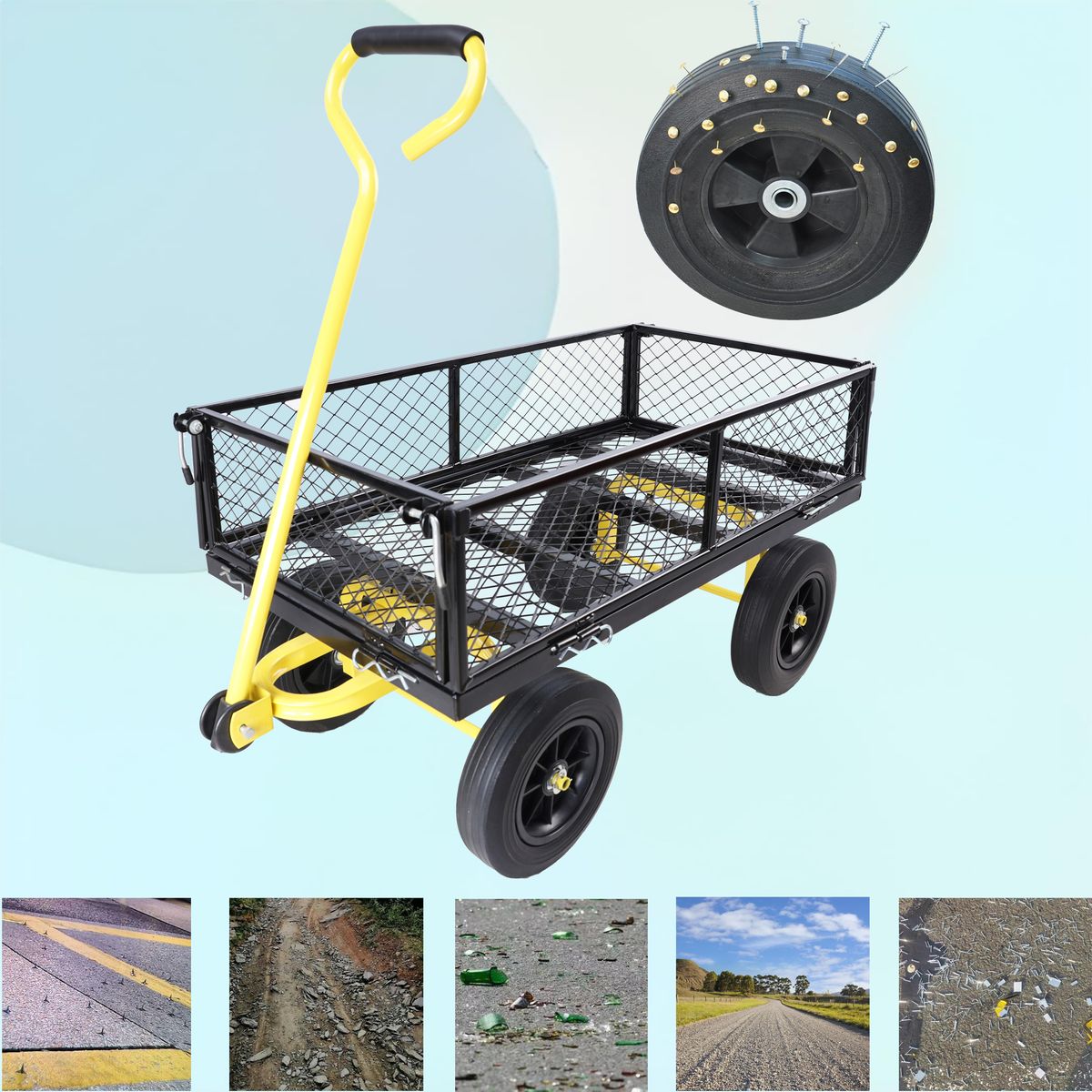 (Black +Yellow Solid Wheels Wagon Cart)Solid Wheels Tools Cart Wagon Cart Garden Cart Trucks Make It Easier To Transport Firewood_maomaolike.com
