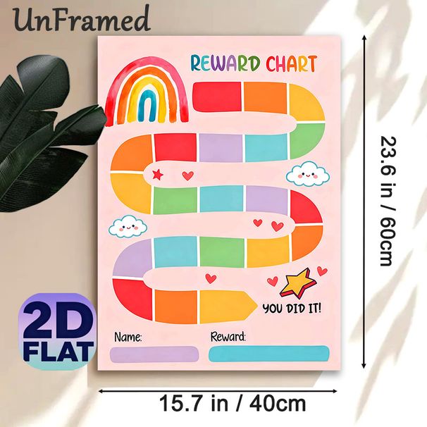 Rainbow-themed Reward Chart Painting Poster, Watercolor-style Colorful Rainbow With Cute Cloud & Heart Elements Poster, Practical Tool To Track_maomaolike.com