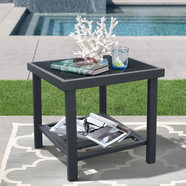Modern Square End Tables For Living Room; Rustic Aluminum Outdoor Side Table With Storage Space; Patio Tempered Glass Accent Table; 17.7'' X 17.7'' X 17.7''_maomaolike.com