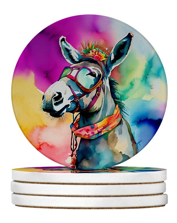 Hippie Animal Donkey Large Sandstone Coasters Pack Of 4 Absorbent Round Coasters Decor Gifts For Men Or Women, 4 In, Multicolor_maomaolike.com
