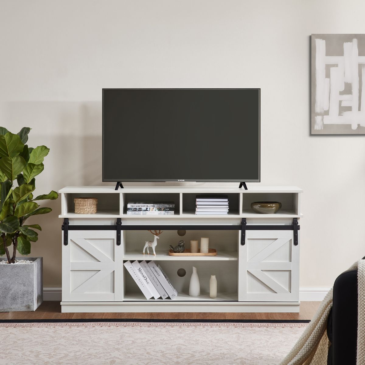 TV Stand Sliding Barn Door Modern&Farmhouse Wood Entertainment Center, Storage Cabinet Table Living Room With Adjustable Shelves For TVs Up To 65",White
_maomaolike.com