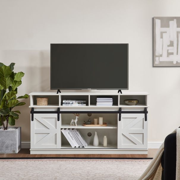 TV Stand Sliding Barn Door Modern&Farmhouse Wood Entertainment Center, Storage Cabinet Table Living Room With Adjustable Shelves For TVs Up To 65",White
_maomaolike.com