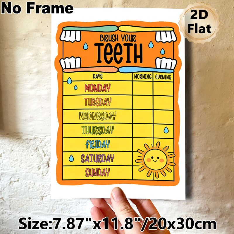 Teeth Brushing Chart Painting Poster, Vibrant Cartoon-style Poster, Weekly Oral Care Tracker To Develop Consistent Brushing Habits, Ideal For Bathroom_maomaolike.com